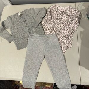 Bundle Grey Sweater, Grey Sparkle Pants, Glitter Floral Long Sleeve Onesie 12 M